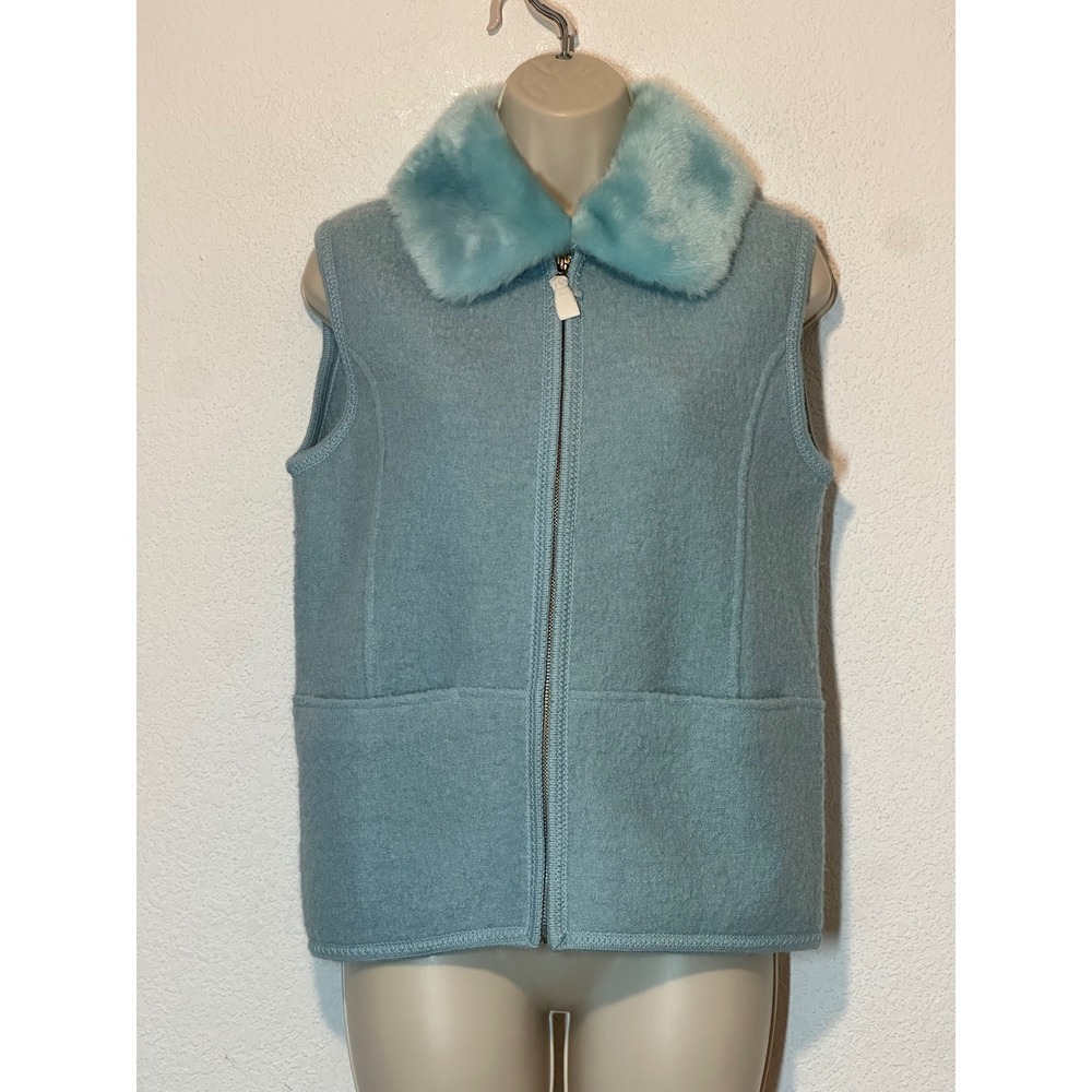 Lisa International Boiled Wool Vest Light Blue Detachable Fur Collar Small